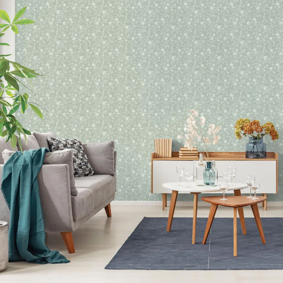 Sanders & Sanders behang bloemetjes licht vergrijsd groen en wit - 53 cm x 10 m