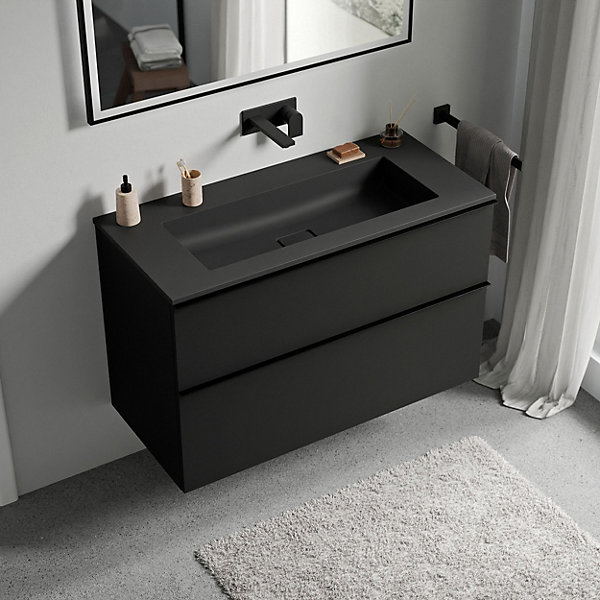 Meuble vasque suspendu MDF Noir mat, lavabo fonte Noir mat sans trou robinet, poignée Anthracite mat - 80x46x62cm - LAVOA
