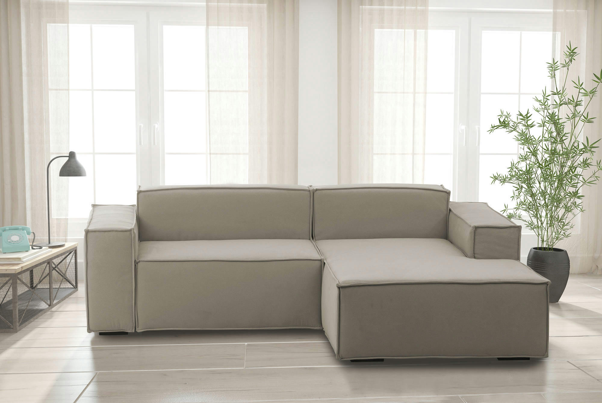 DLORENZ - Canapé d'angle 2 places en tissu gris tourterelle