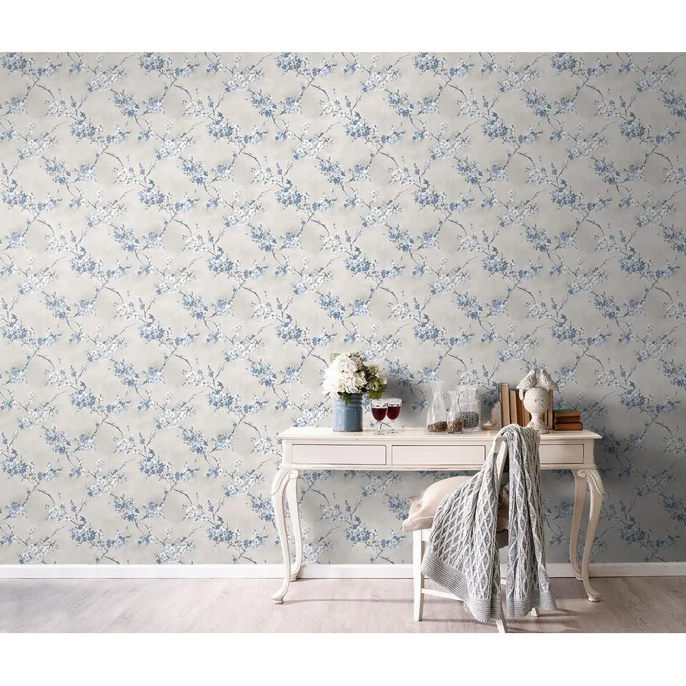 Sanders & Sanders behang bloemen vergrijsd blauw - 53 cm x 10 m