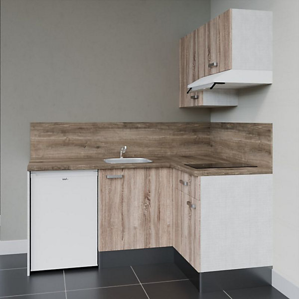 Kitchenette KA02 façades Bois - Plan de travail Bois - Crédences : Oui - Evier inox - Electroménager Blanc inclus