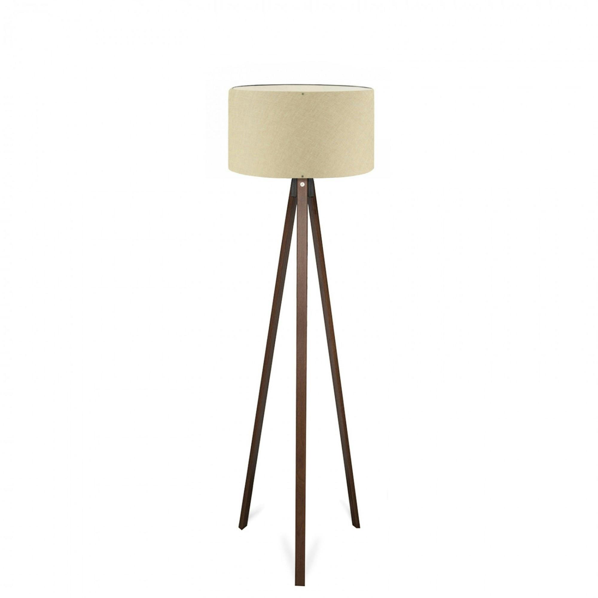 Lampadaire trépied effet bois brun, abat-jour beige KILIS