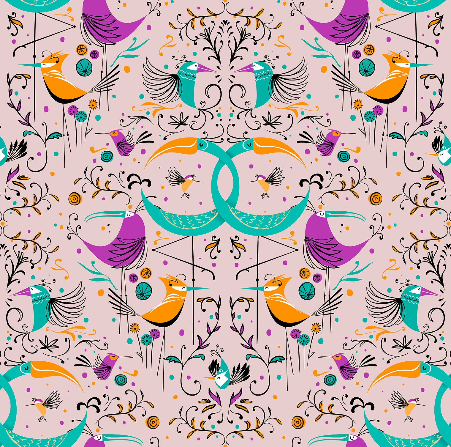 Walls4You behang vogels oudroze en meerkleurig - 53 cm x 10 m - 640129