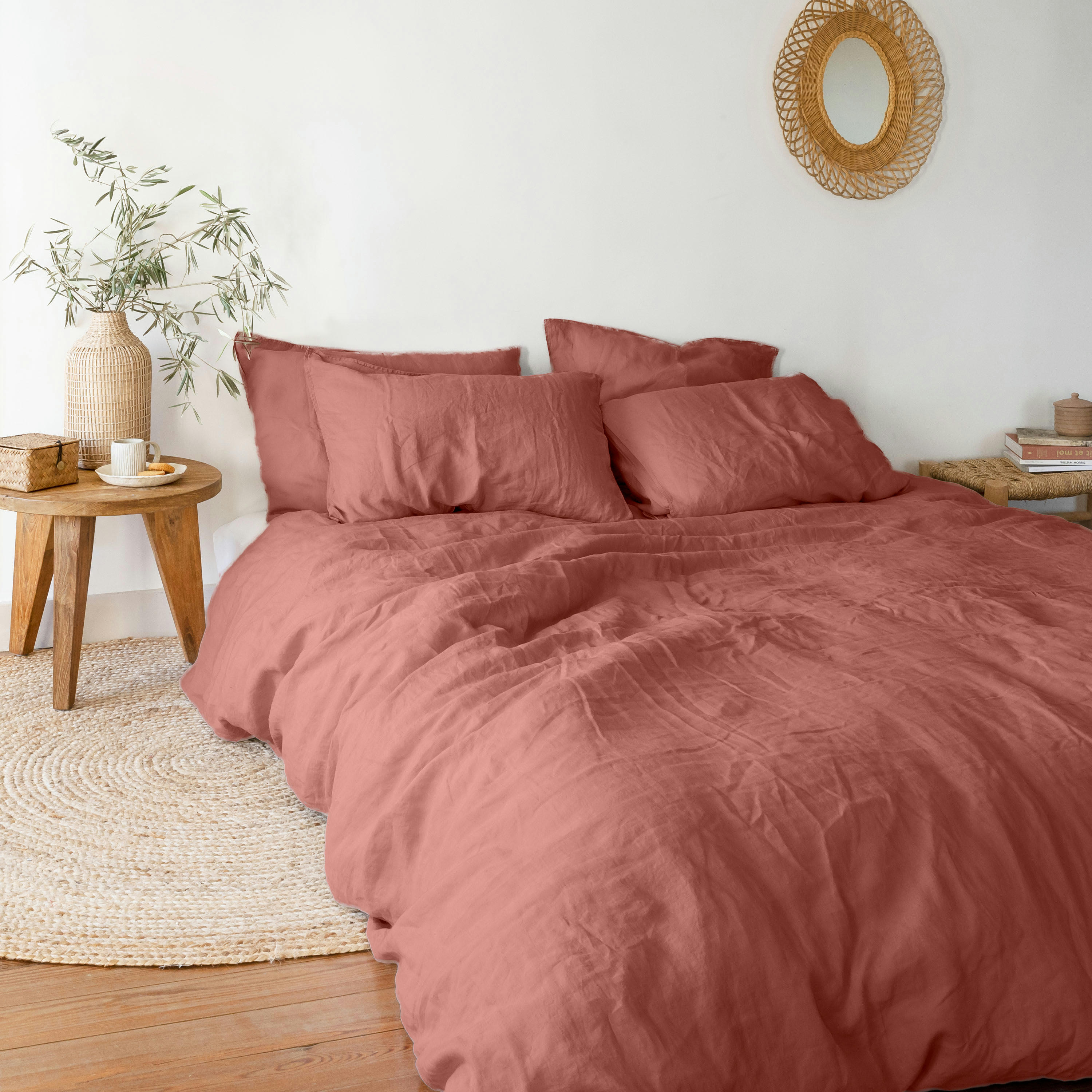 SONGE - Housse de couette lin et coton lavé uni rouge 140 x 200 cm