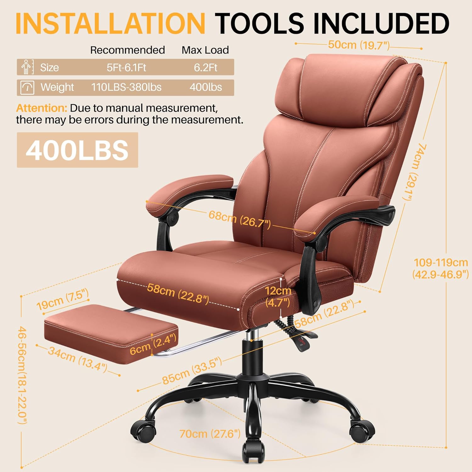 Office Chair, Executive Big and Tall Leather Desk Chairs with Footrest, Ergonomic Breathable Computer Chair with Adjustable High Back, Lumbar Support Swivel PC Chairs with Rocking Function