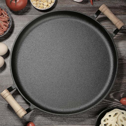 SOGA 31cm Cast Iron Frying Pan Skillet Steak Sizzle Fry Platter With Wooden Handle No Lid