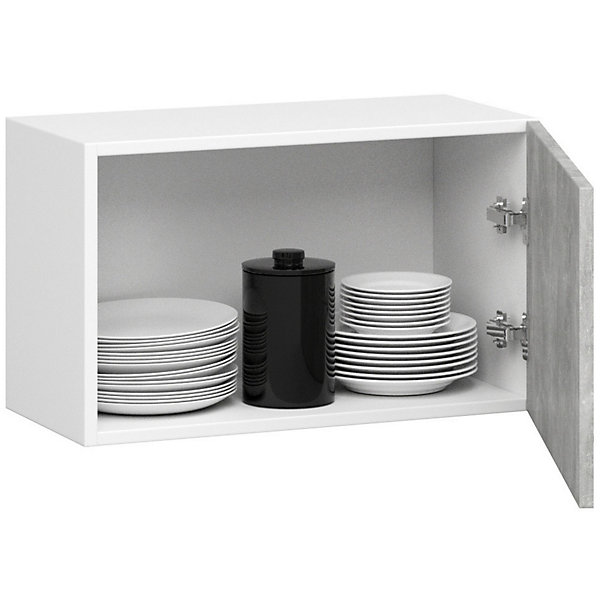 Meuble de cuisine suspendue à l'avant-toit : 1 porte, 1 étagère, blanc / béton, 60 x 29 x 30 cm
