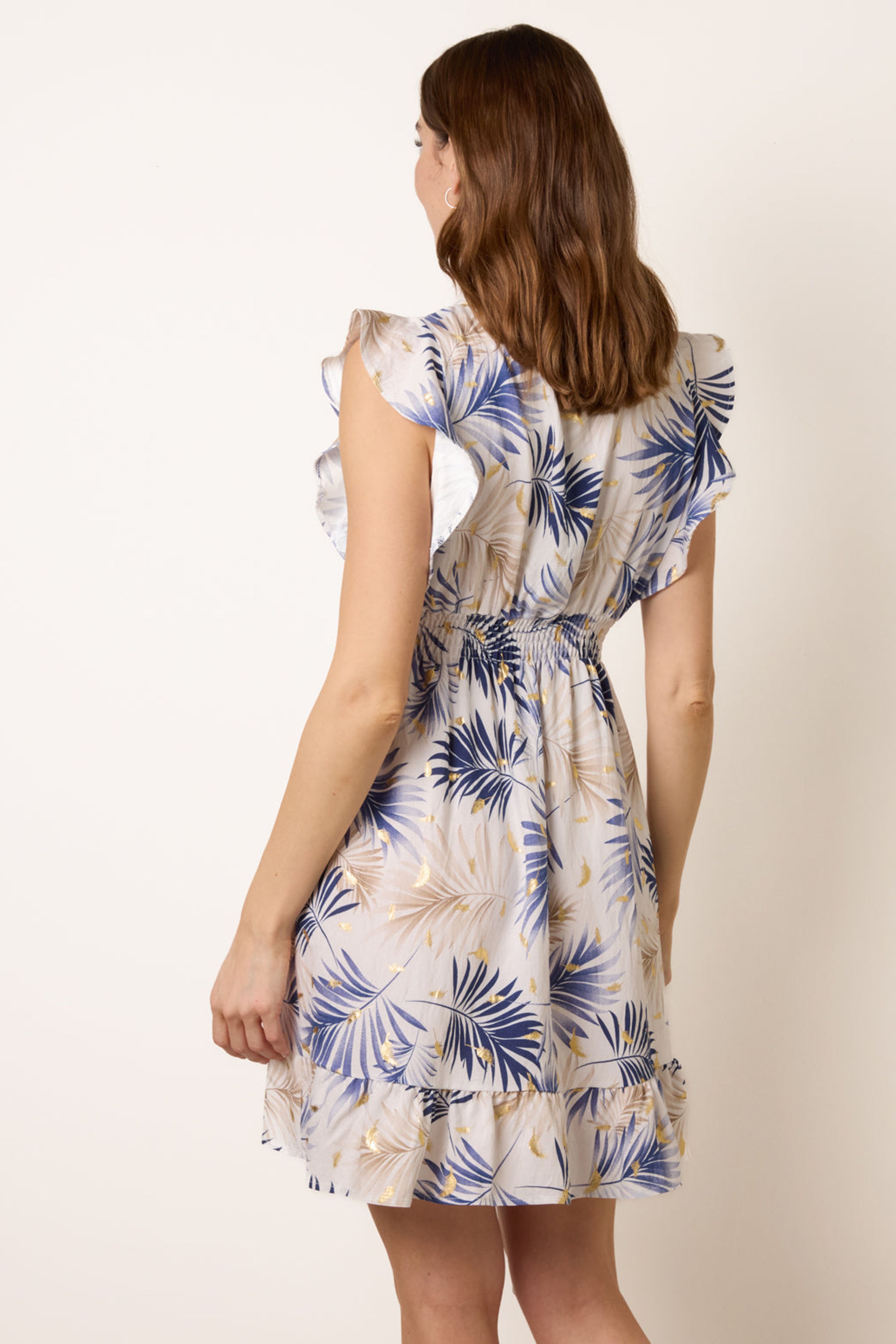Blue Vanilla Navy Tropical Dress With Leaf Print