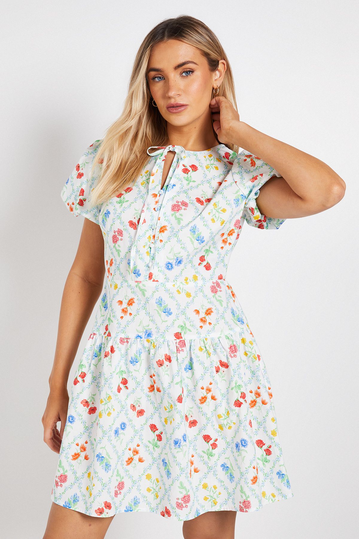 Dorothy Perkins Tie Front Button Detail Puff Sleeve Mini Dress
