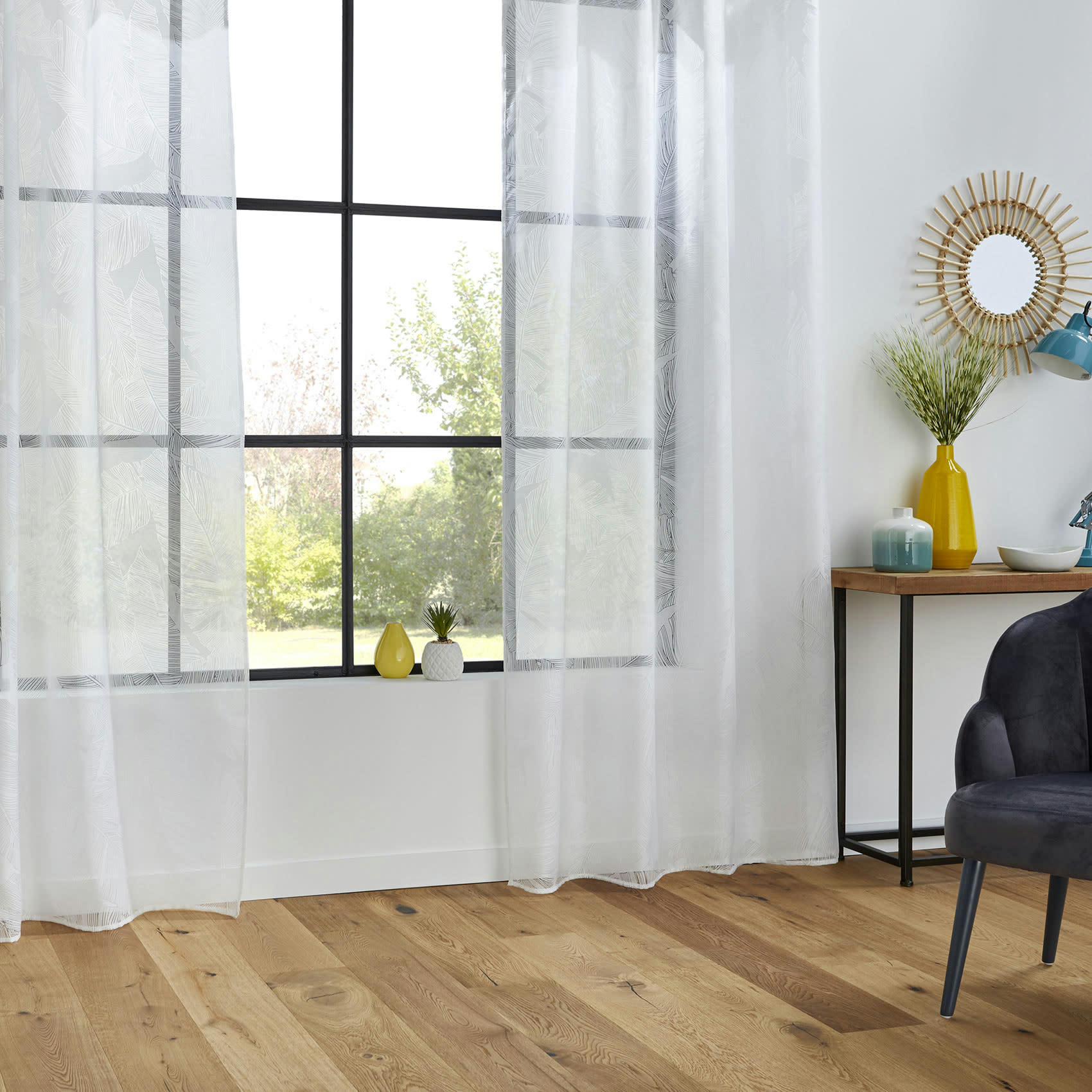 - Voilage tamisant imprimé feuilles polyester blanc 140x240 cm