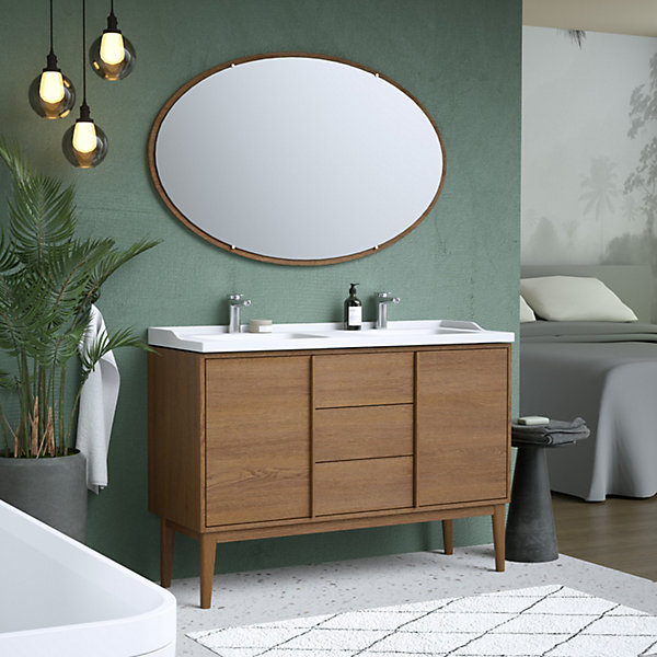 Ensemble meuble sous vasque placage bois Kabayan   plan double vasque céramique blanc Lana l.120 cm