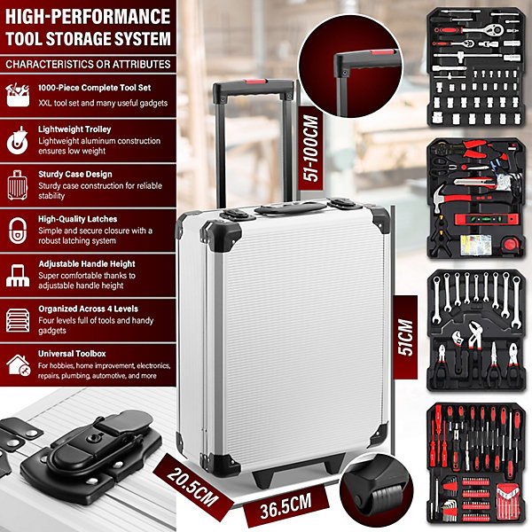 Coffret à Outils 1000 Pièces Professionnel - Valise Roulante Aluminium avec Poignée Télescopique et Outils Chrome Vanadium pour