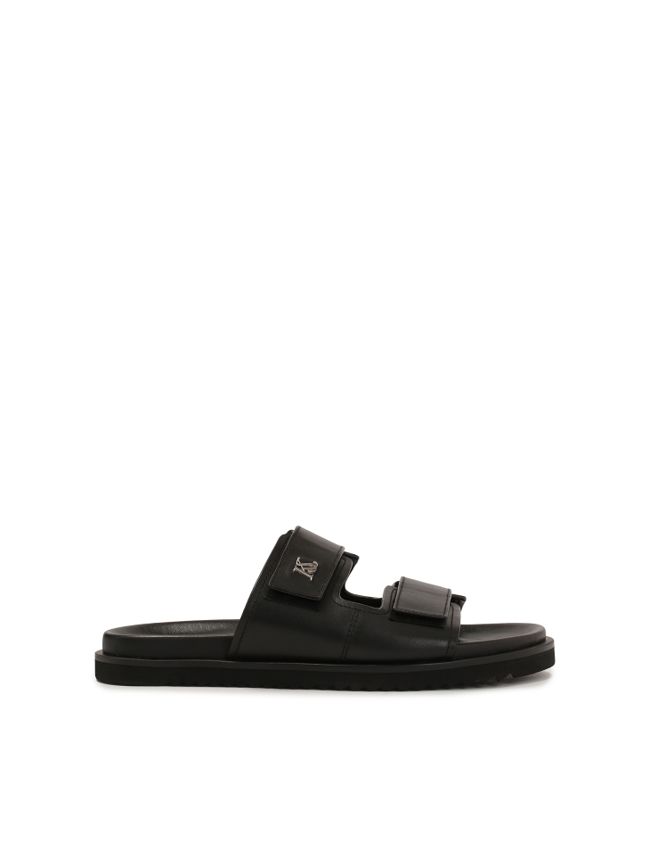Slip-on black slides with Velcro straps