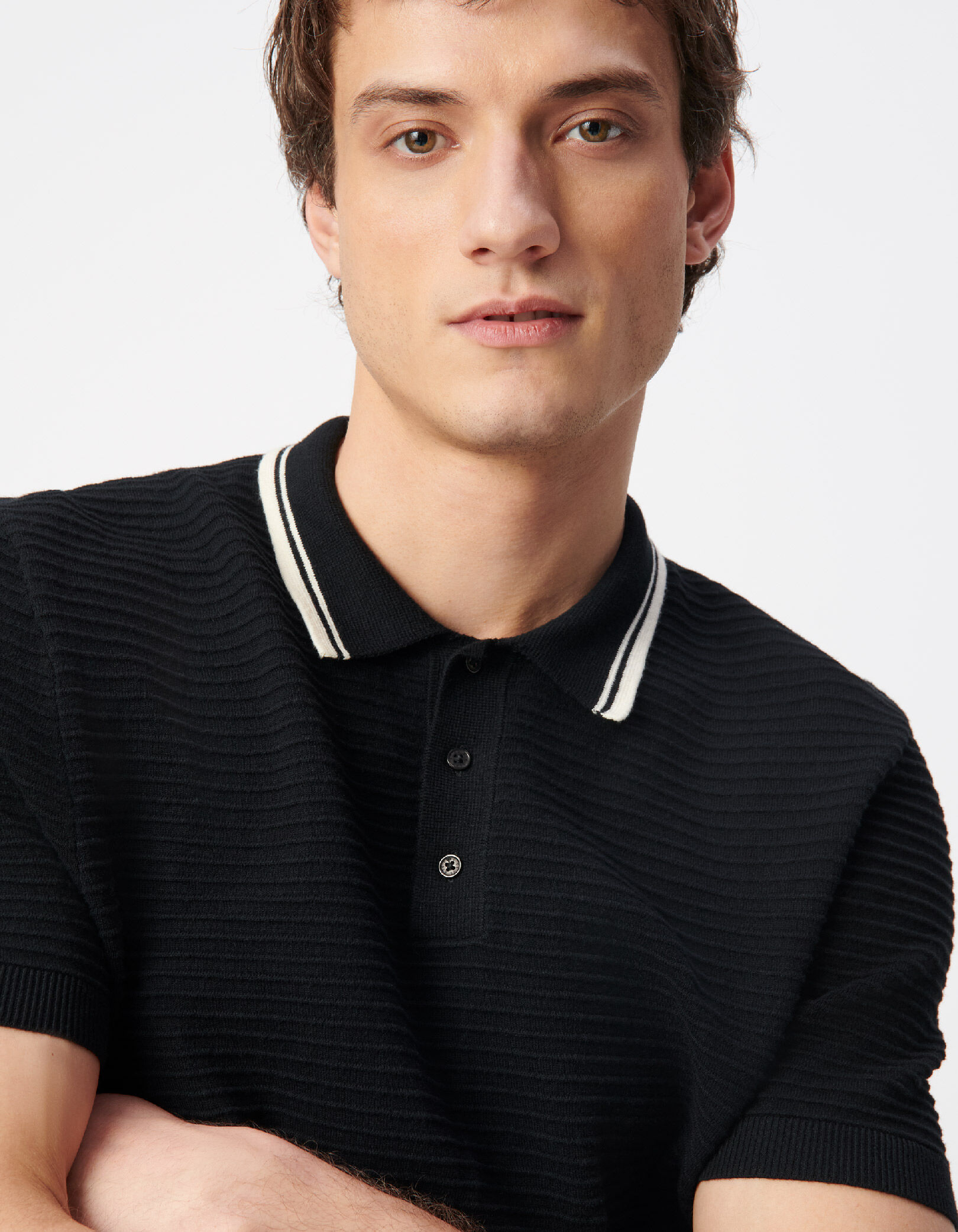 Polo noir tricot relief rayures col rayé Homme