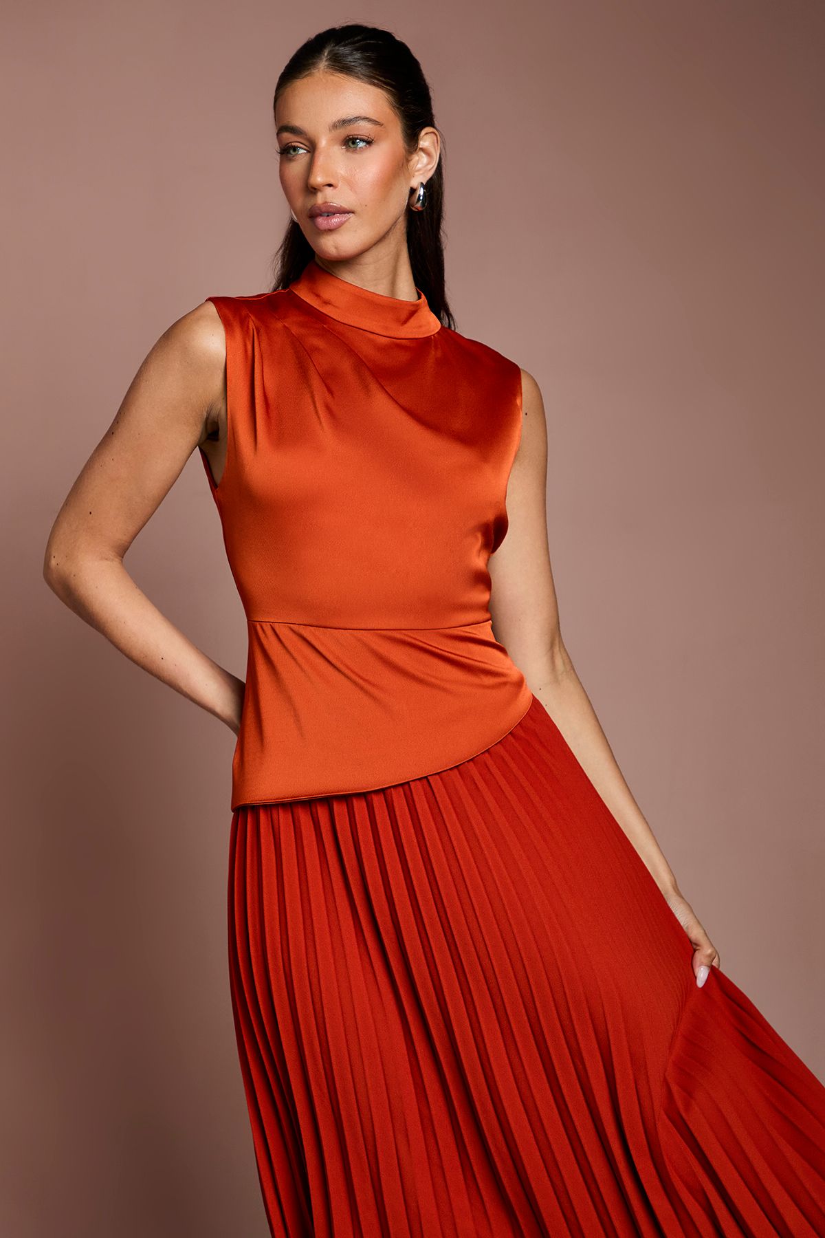 Coast Drape High Neck Pleated Skirt Midi Dress