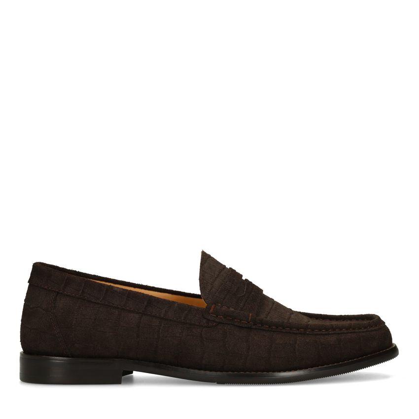 Manfield Bruine suède loafers met crocoprint