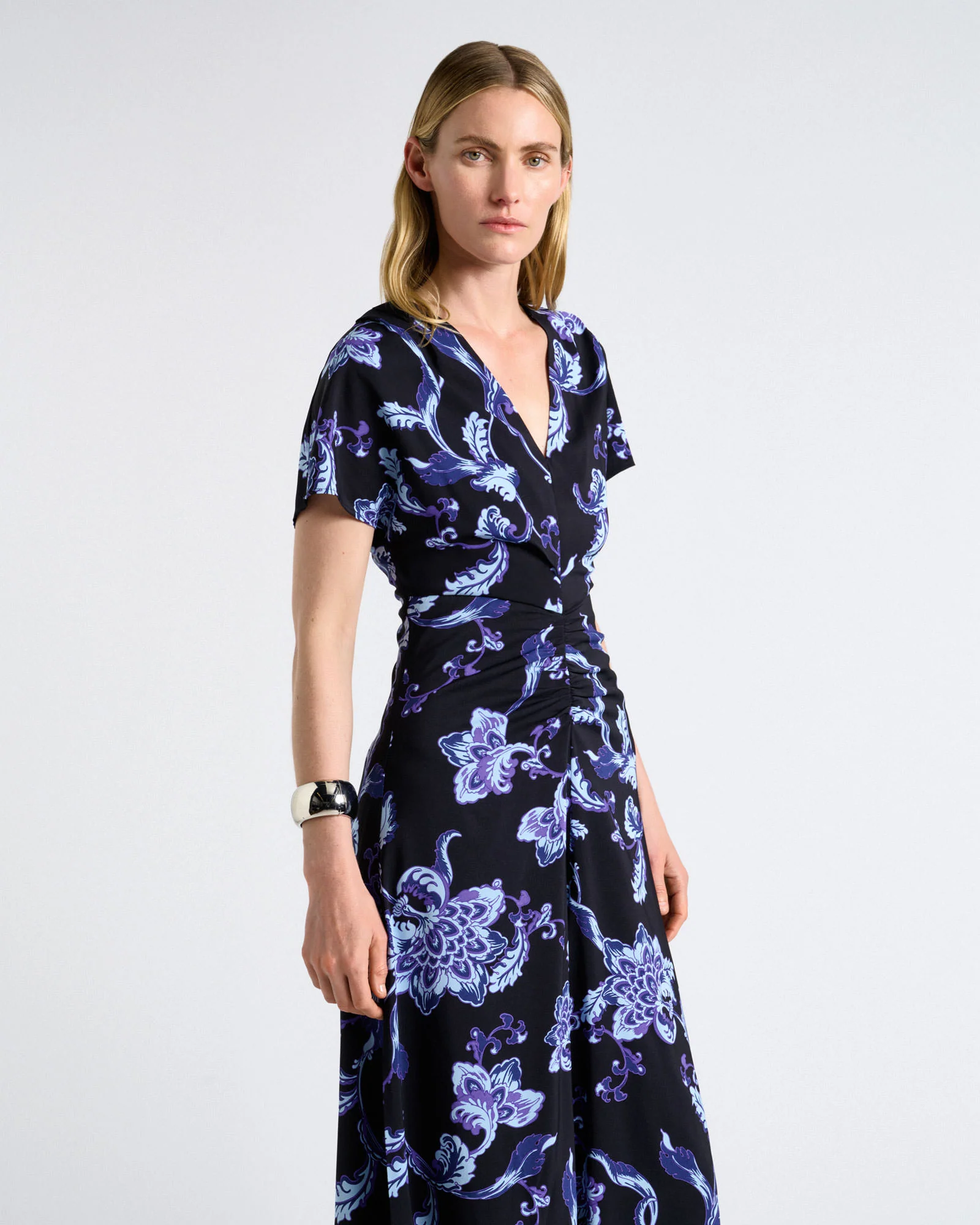 Blue Chintz Floral Gathered Front Midi Dress