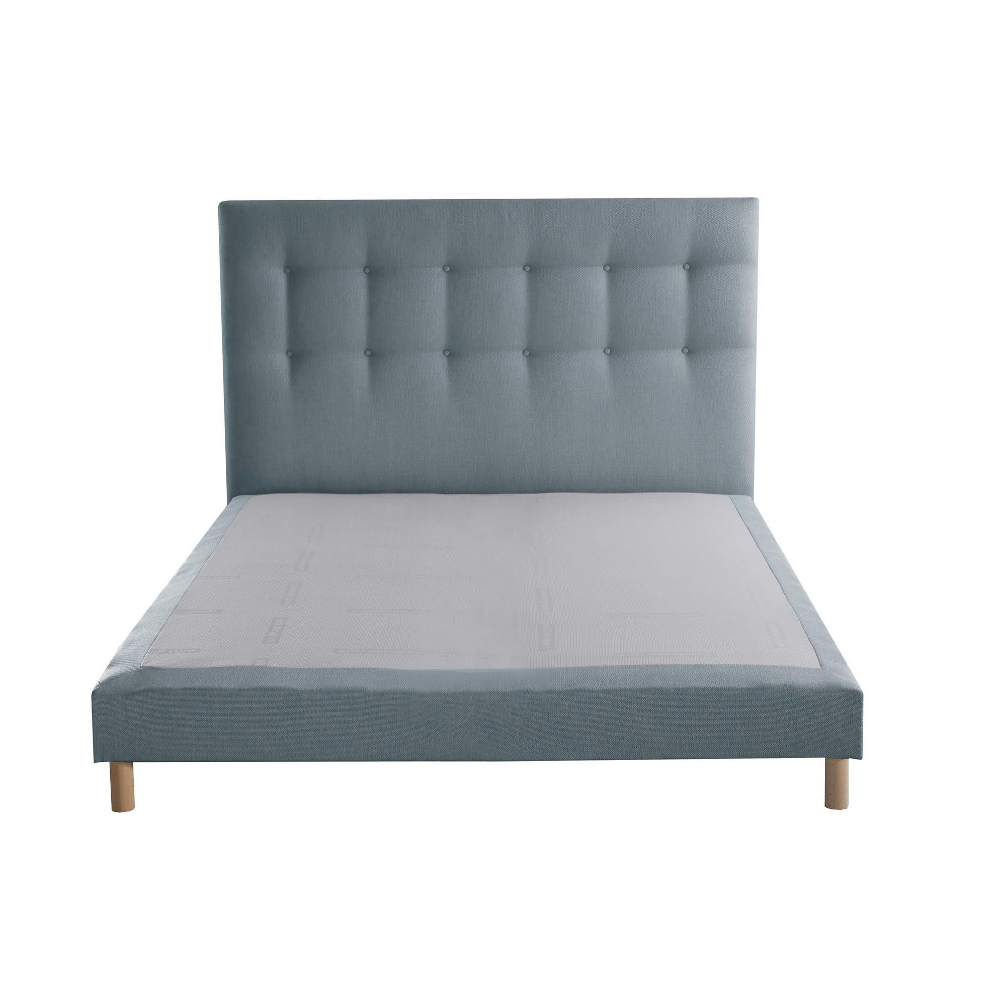 AUBE - Sommier tapissier + tete de lit capitonnée Bleu ciel 160x200