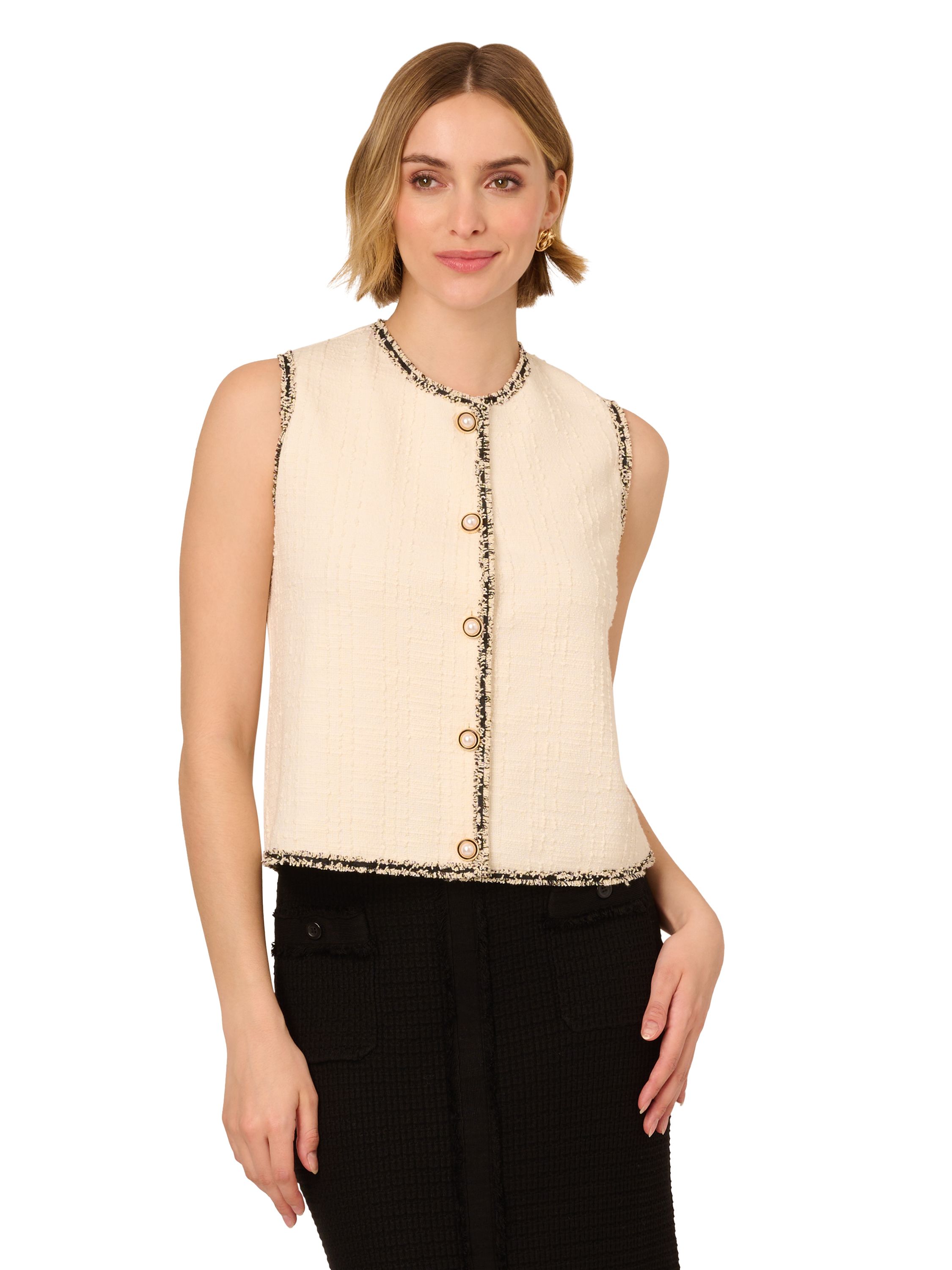Adrianna Papell Sleeveless Button Front Knit Tweed Cardigan Vest With Fringe