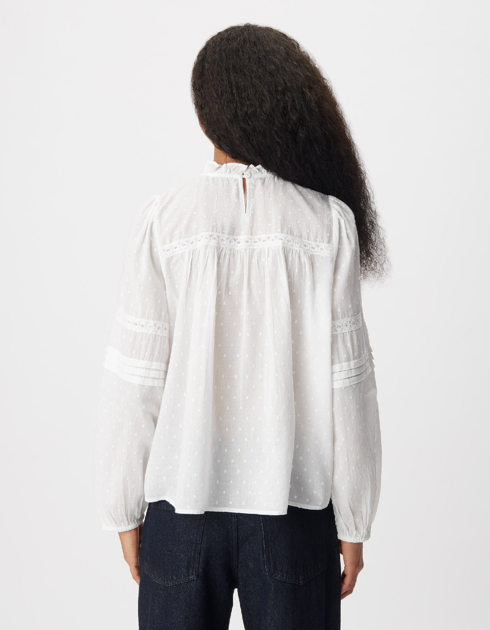 Blouse blanche jacquard et dentelle Femme