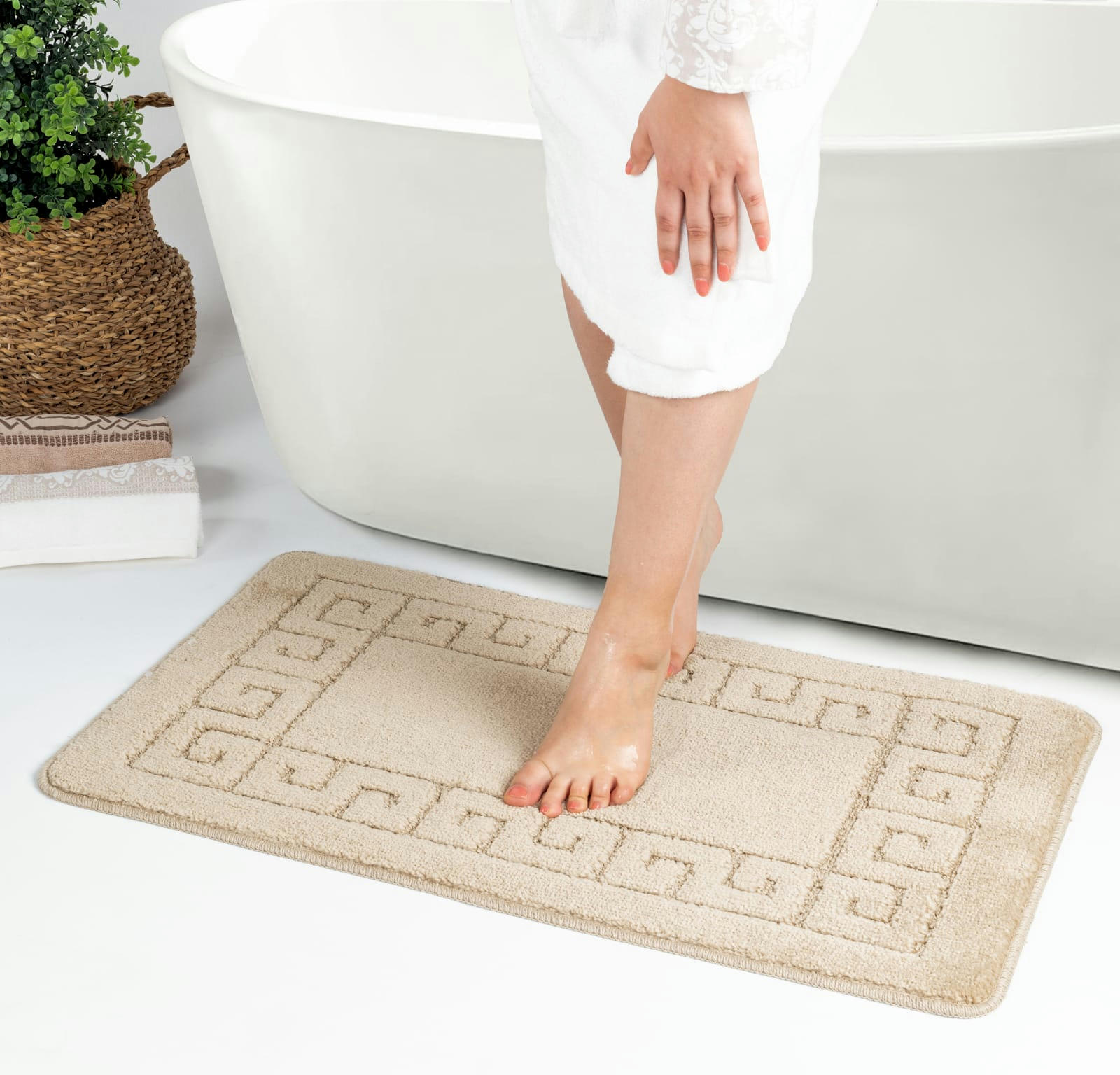 POPPY - Set de 2 Tapis de Salle de Bain Uni Chic Beige 80x50/40x40