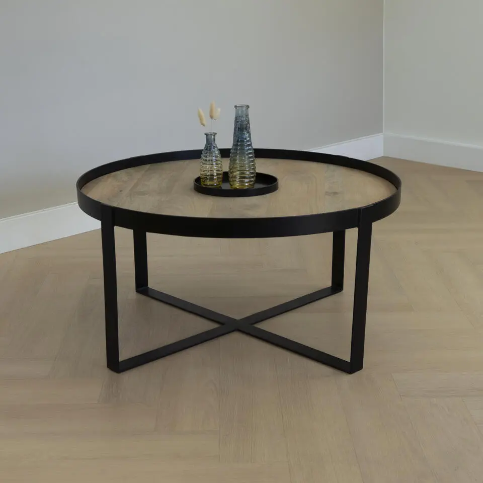 QUVIO Salontafel Anna �?Rond �?Mangohout �?Zwart �?Naturel