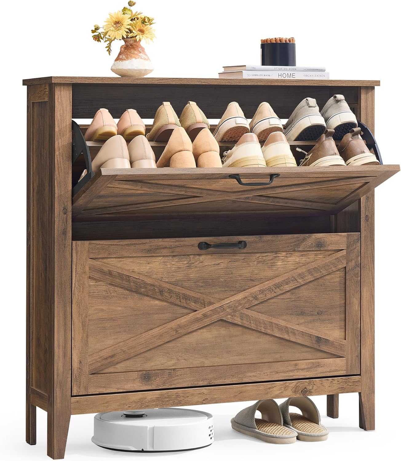 VASAGLE LIRY Collection - Shoe Storage Cabinet Organizer with 2 Flip Drawers, Freestanding Narrow Shoe Rack Cabinet for Entryway, Farmhouse Style, Fits 12 to 16 Pairs, Honey Brown UHSC201K01