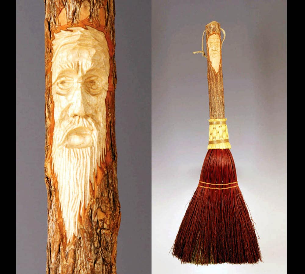Carved Tree Spirit Hearth Broom – Handmade Broomcorn Fireplace Sweeper
