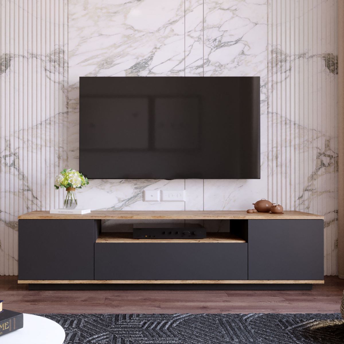 Calicosy - TV-Meubel met 3 deuren - B180 cm - Houtlook   Grijs