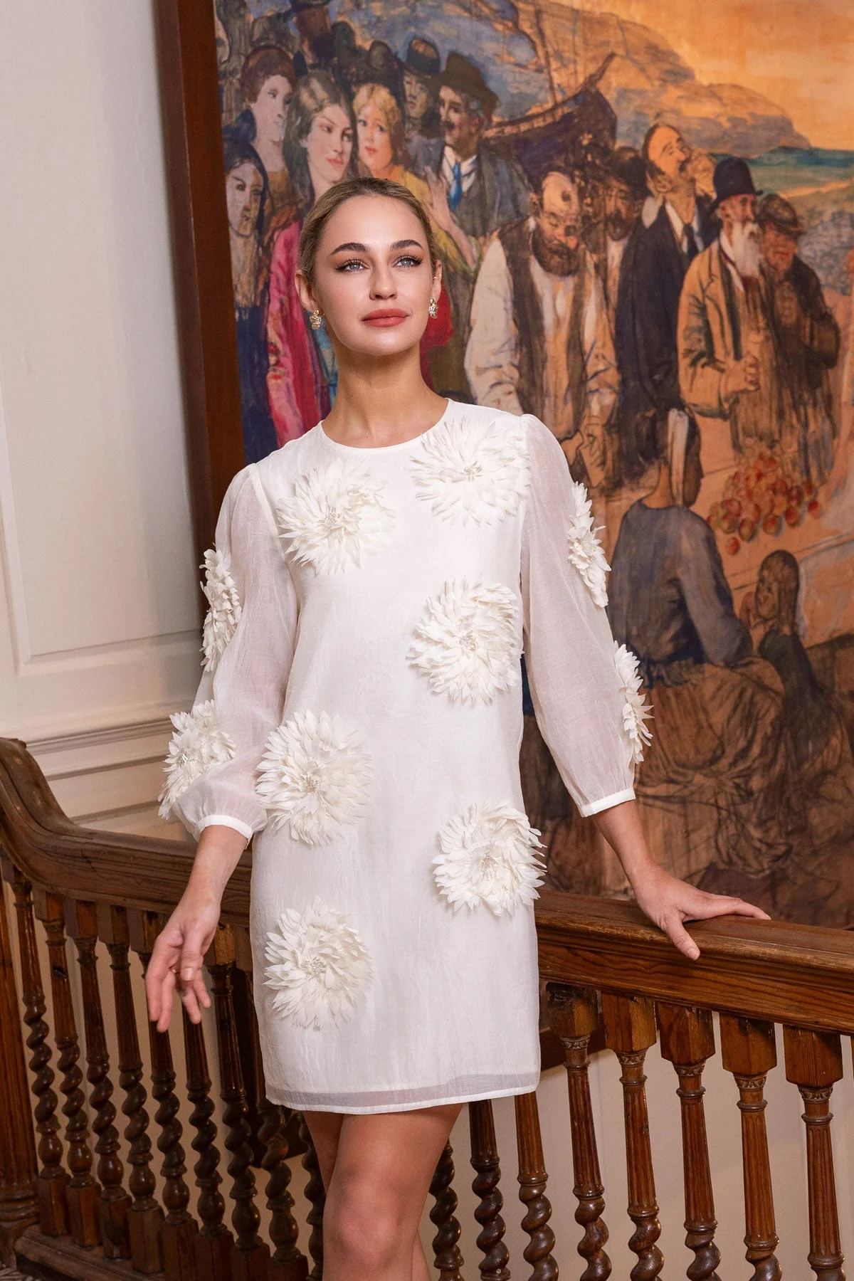 Cream Floral Appliqué Mini Dress