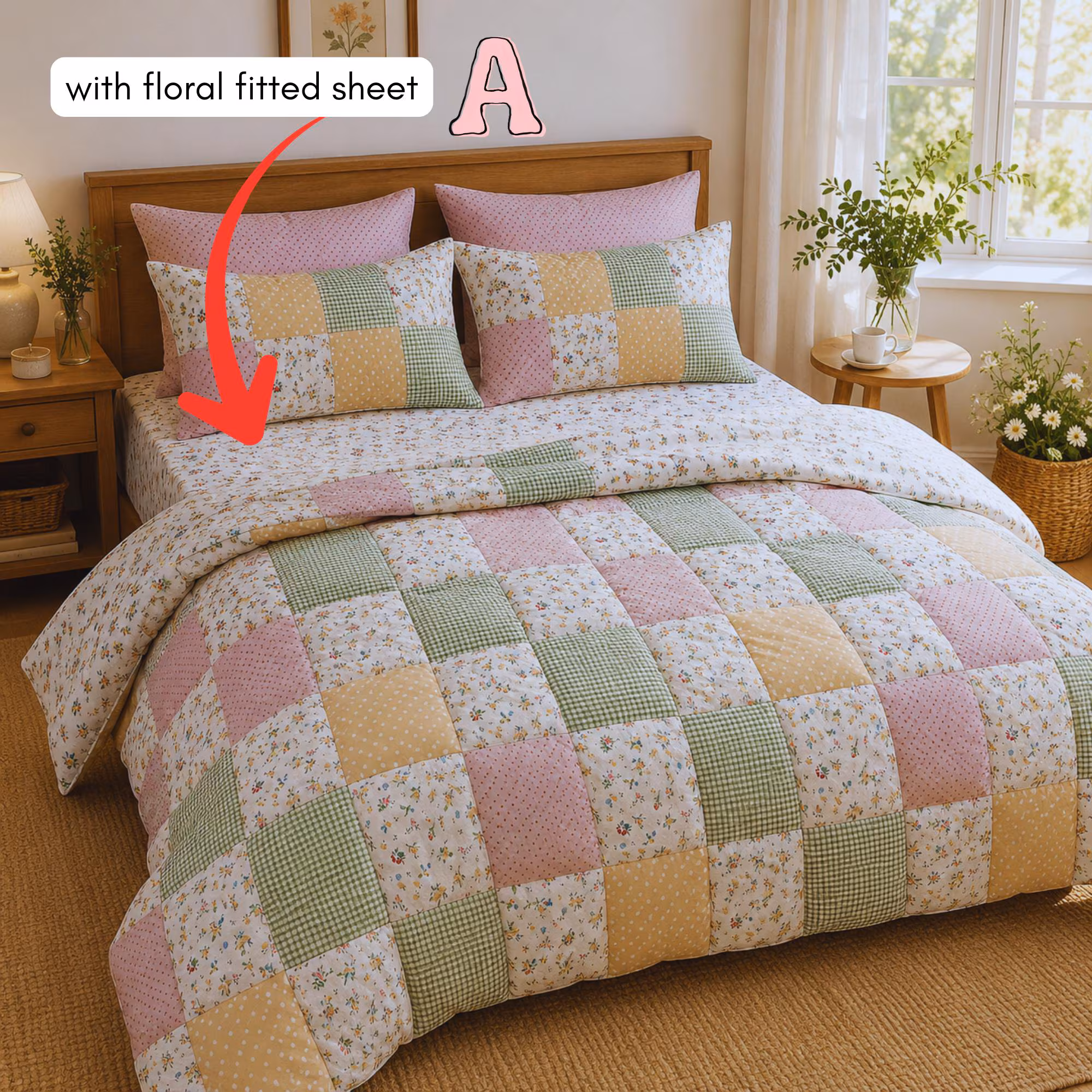 Patchwork Floral king size dauvet Set, Cottagecore Cotton Bedding, Fitted Sheet, Pillowcases