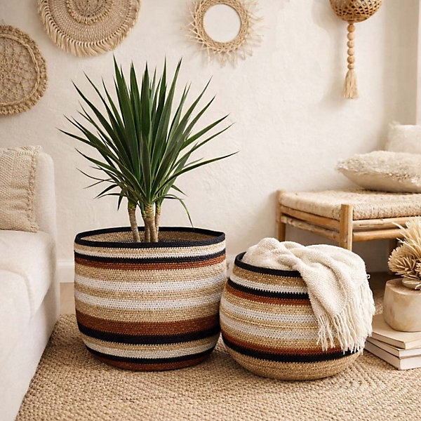 Panier bas rayé en herbes marines marron, beige 50x28cm