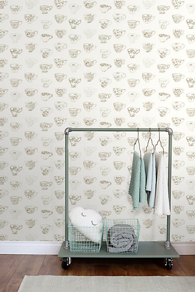 ESTAhome papier peint tasses et soucoupes beige 53 cm x 10.05 m