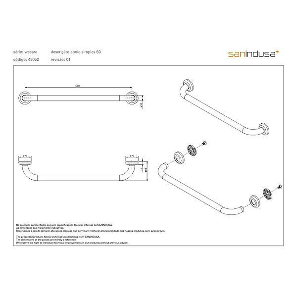 Barre de relèvement et appui murale PMR normes handicapé SANINDUSA WcCare 60 blanc