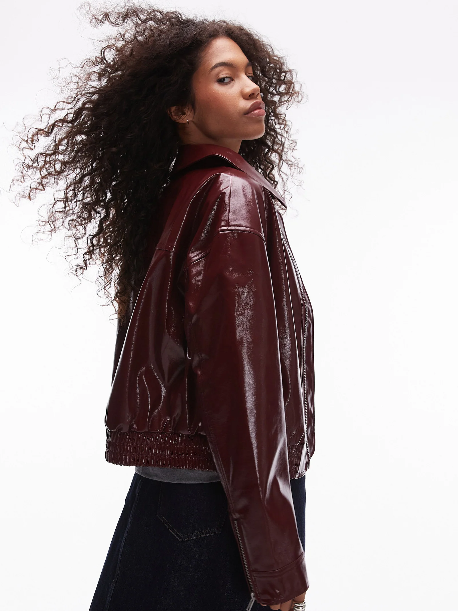 Faux Leather Vinyl Bomber Jacket