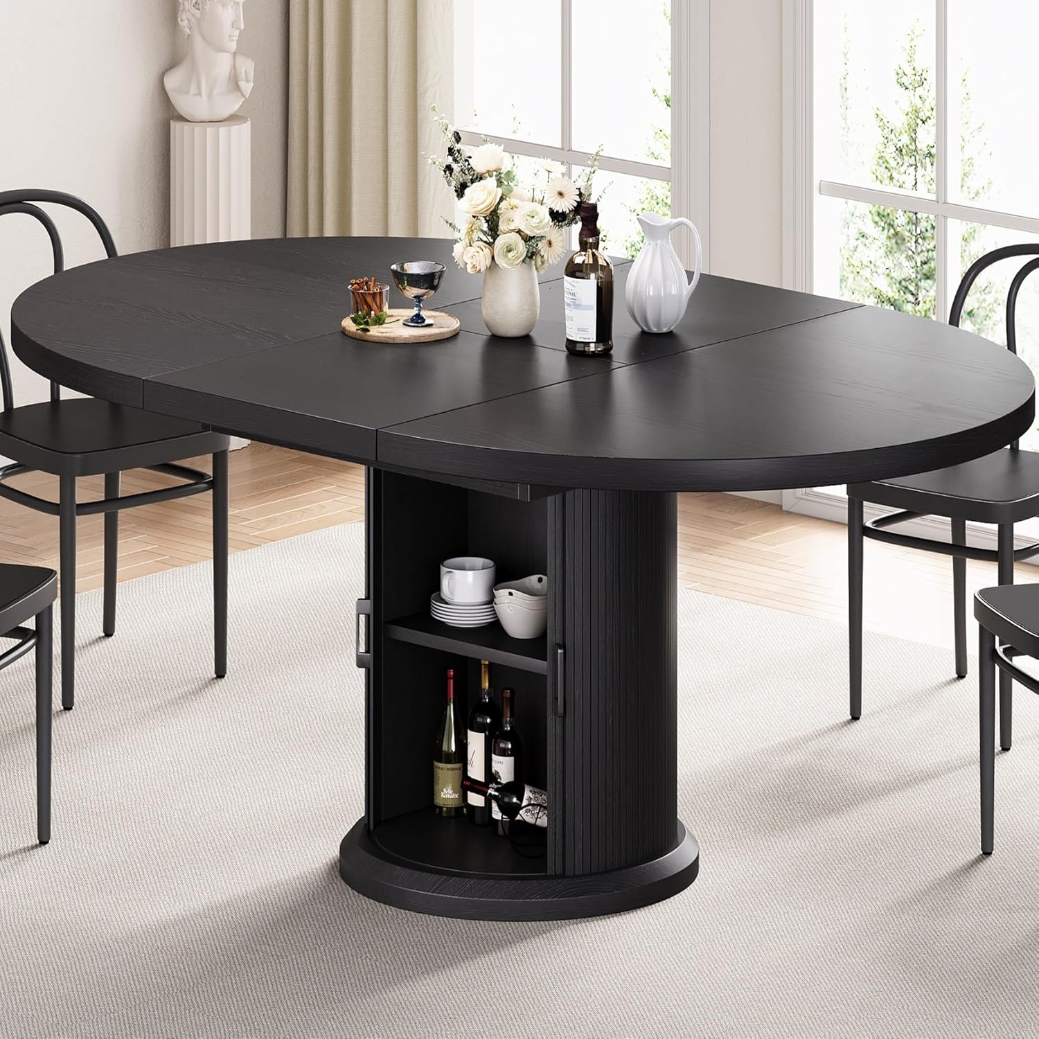 Jocoevol 47″–63″ Extendable Round Dining Table for 4–8 with Dust-Proof 2-Tier Storage Shelf Space Saving Expandable Wood Oval Circle Dinner Furniture with Pedestal Base (Black)