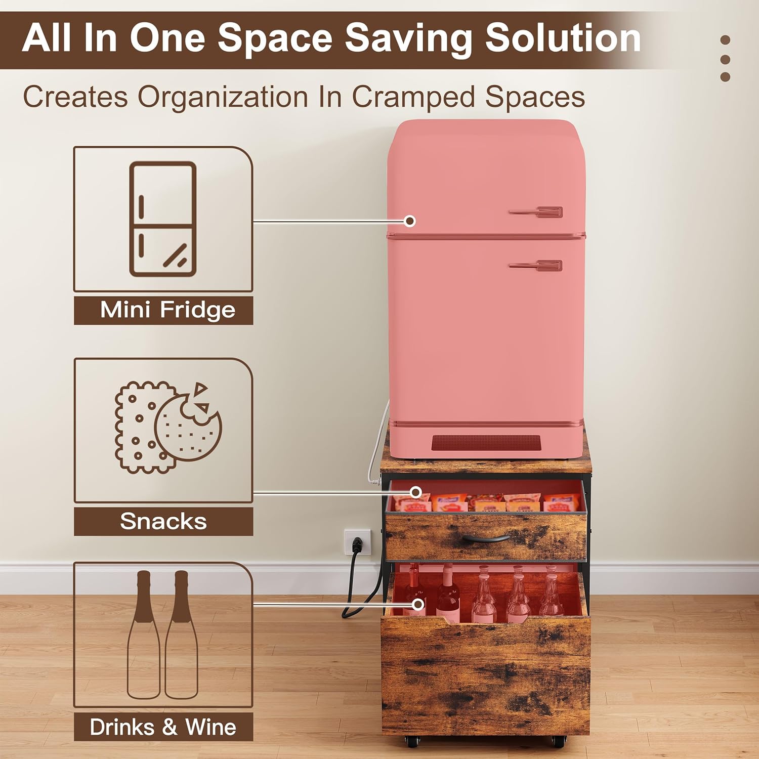 Mini Fridge Stand Cabinet Table Station With Storage Drawers For Dorm Refrigerator To Sit On, Heavy Duty Small Cart With Wheels, Office Beverage Shelf and Power Outlet, Sturdy Bedroom Nightstand