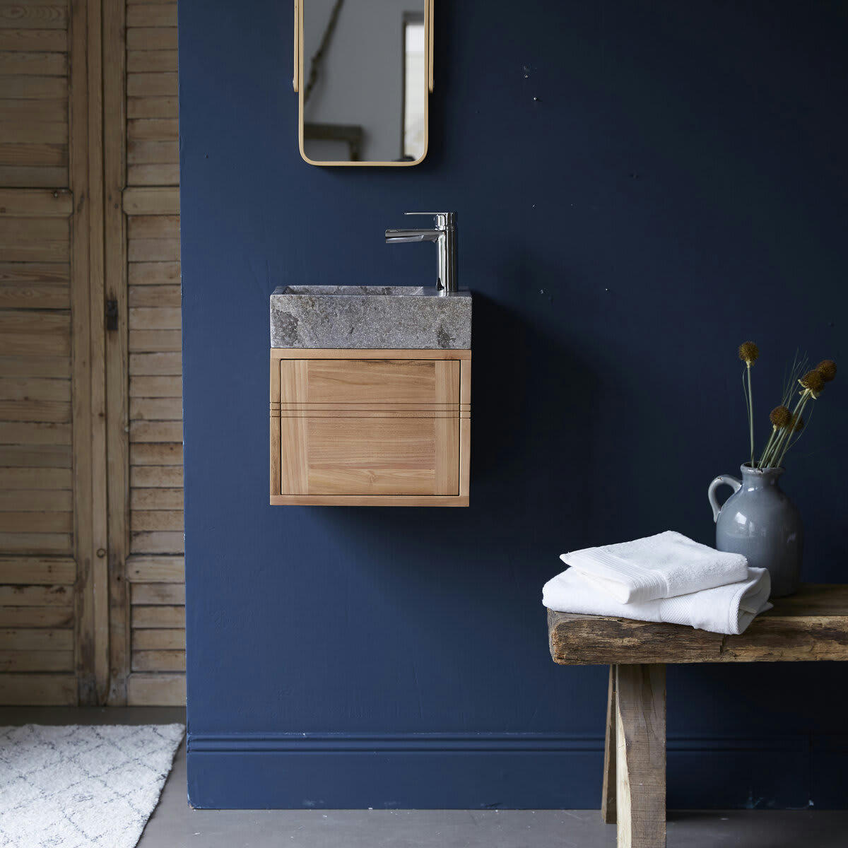 BASIC - Meuble Lave main en teck massif et marbre grey