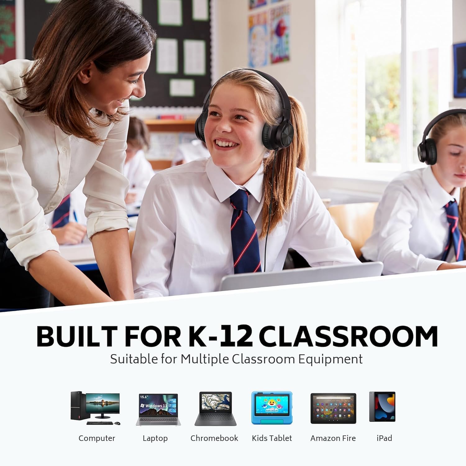 AILIHEN Classroom Headphones Bulk Wired for School, 12 Pack Headsets with Microphone for K-12 Grade Classroom, Students, Teens, 3.5mm Jack for Chromebook, Computer, Laptop (Black)