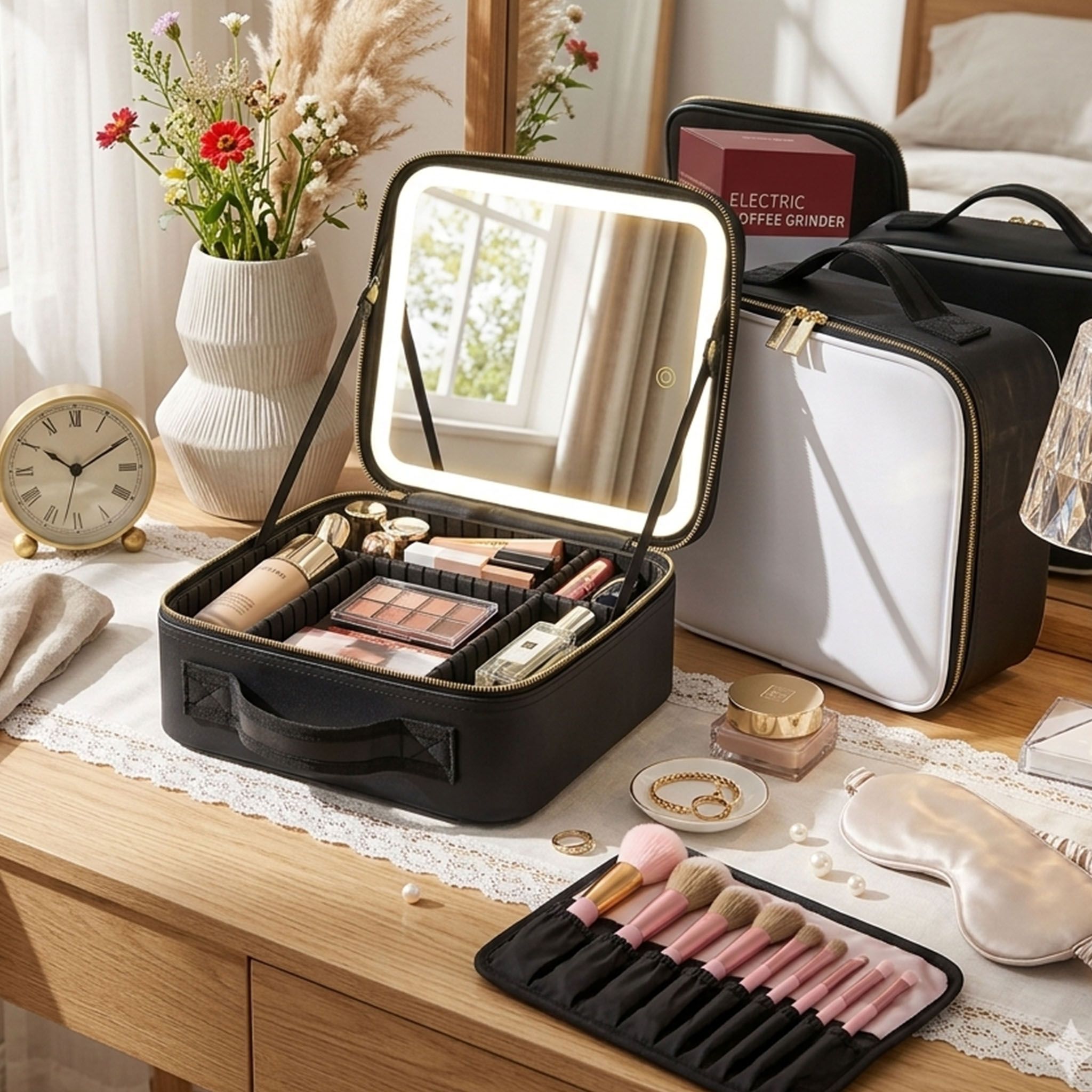 Dragodirect Travel Makeup Organizer with LED Mirror Waterproof Cosmetic Bag