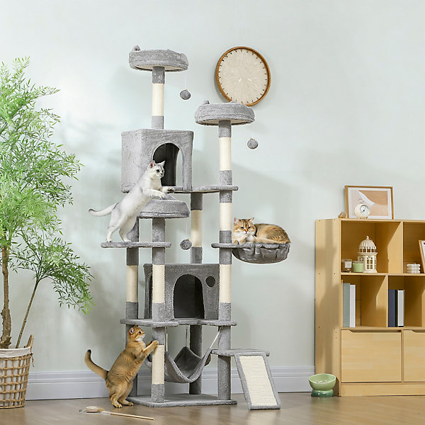Arbre à chat design XXL gris clair multi-activités - zones de repos, griffoirs, grattoir - H.192 cm