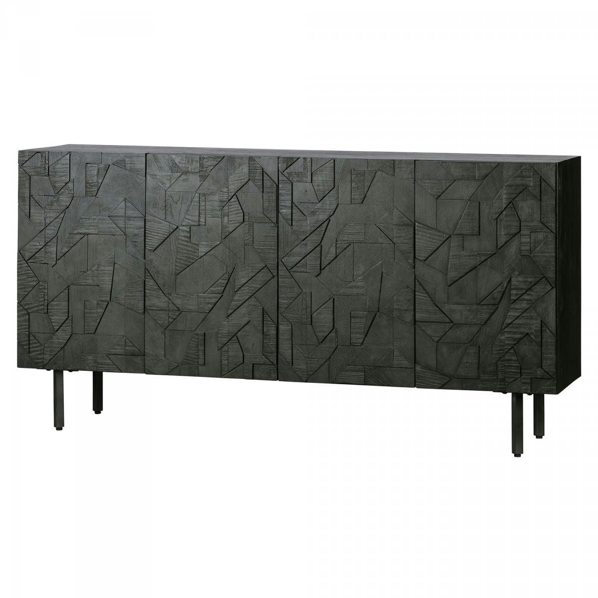 KOUKI - Buffet bas 4 portes sculptées en bois et métal noir
