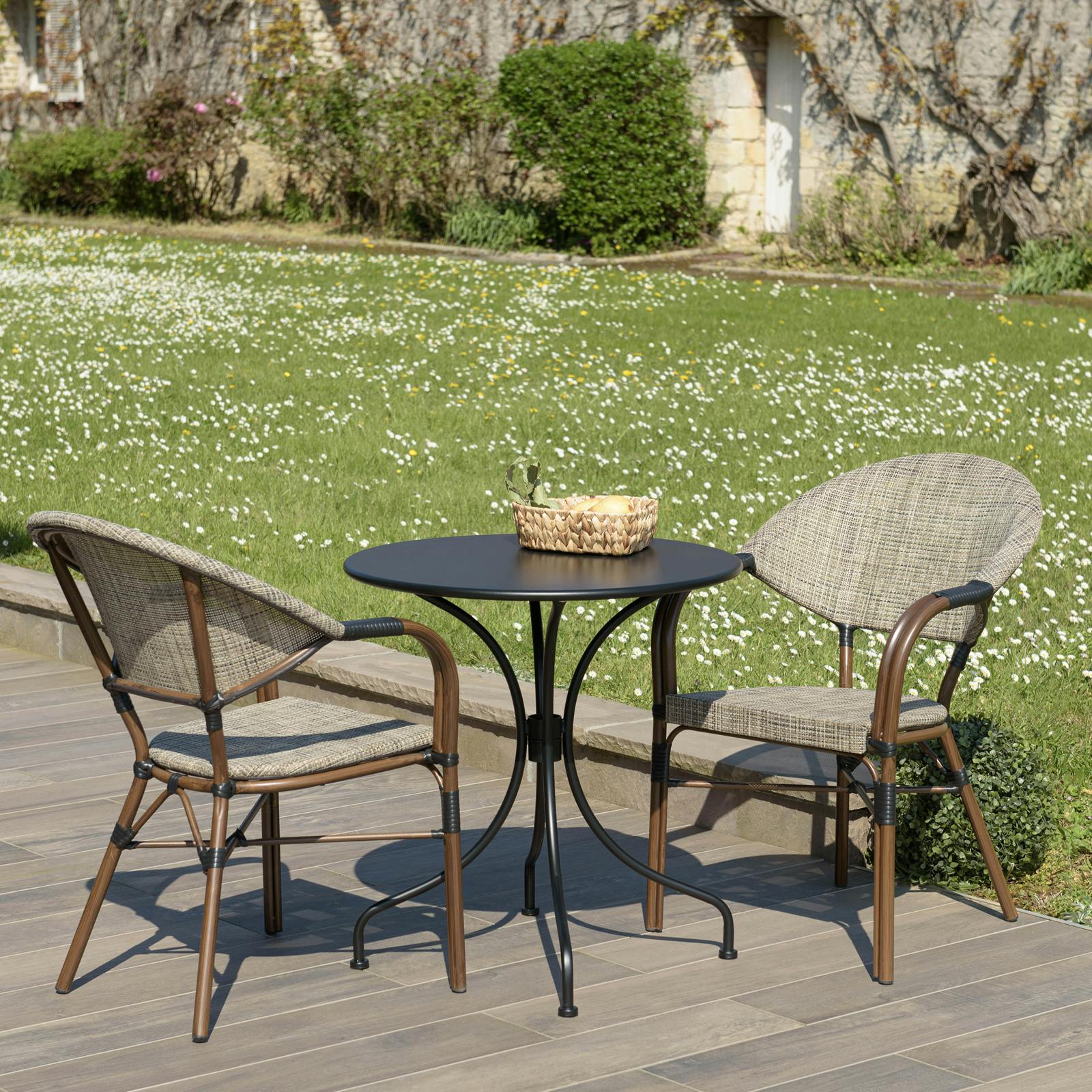 Salon de jardin table noire ronde D70 cm   2 fauteuils bistrot tissu taupe GIJON