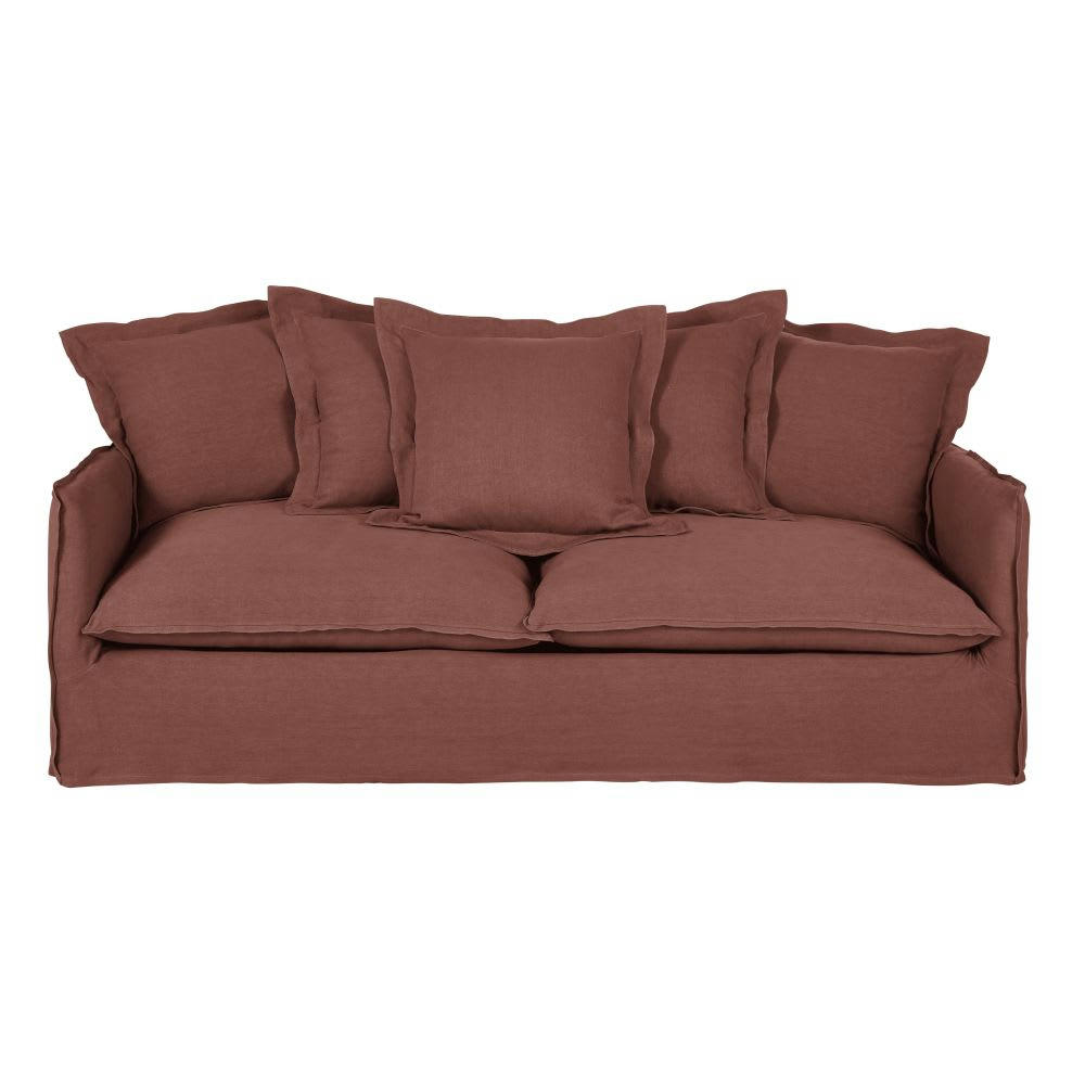 Barcelone - Canapé convertible 3/4 places en lin épais rouge rhubarbe, matelas 6 cm