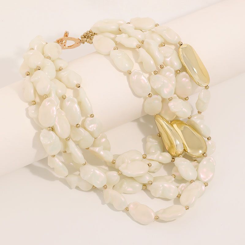 PEACH ACCESSORIES Triple Row Pearlescent Bead Necklace with Gold Accents
