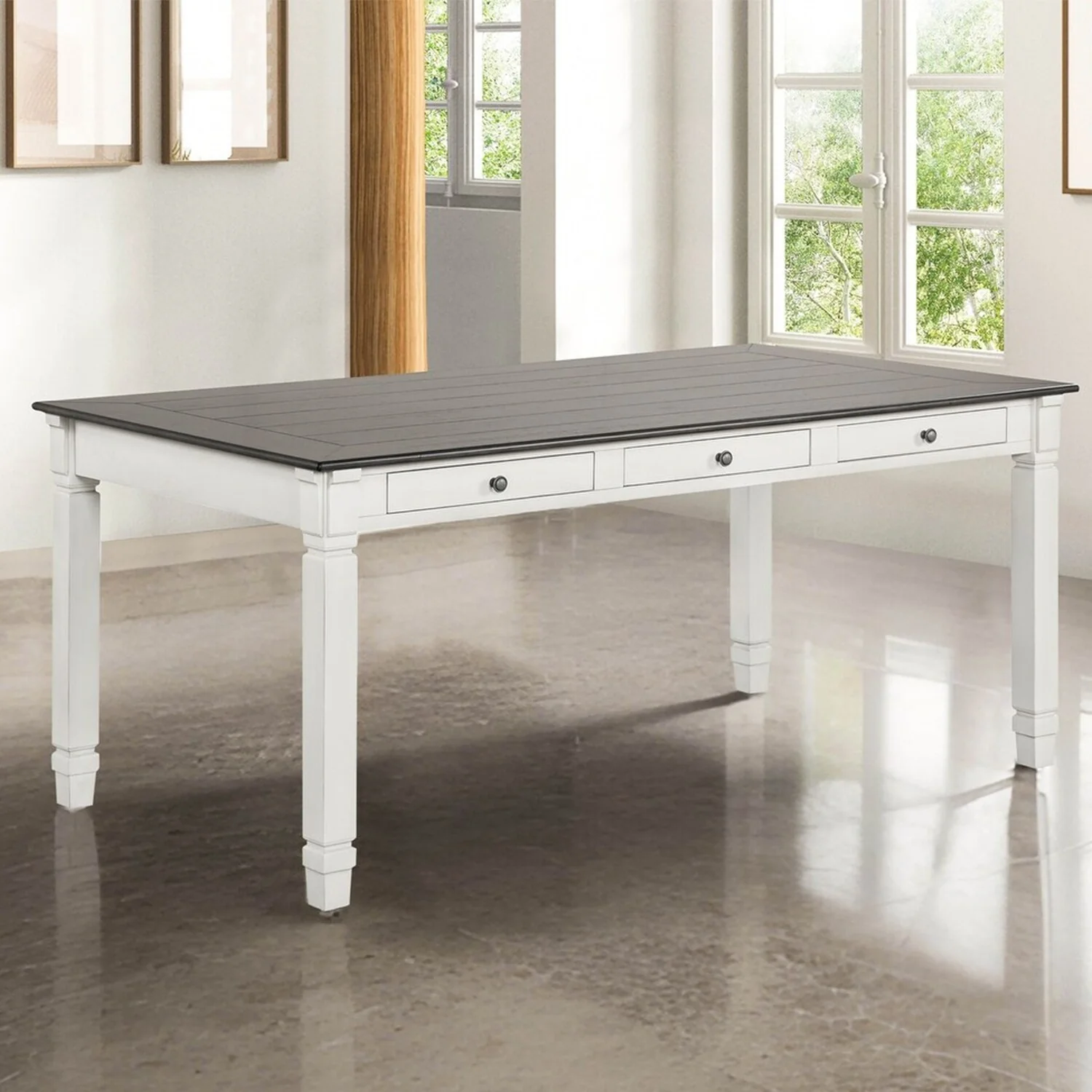 Rectangular Wooden Dining Table with Storage Drawers in Rustic White - Rustic White