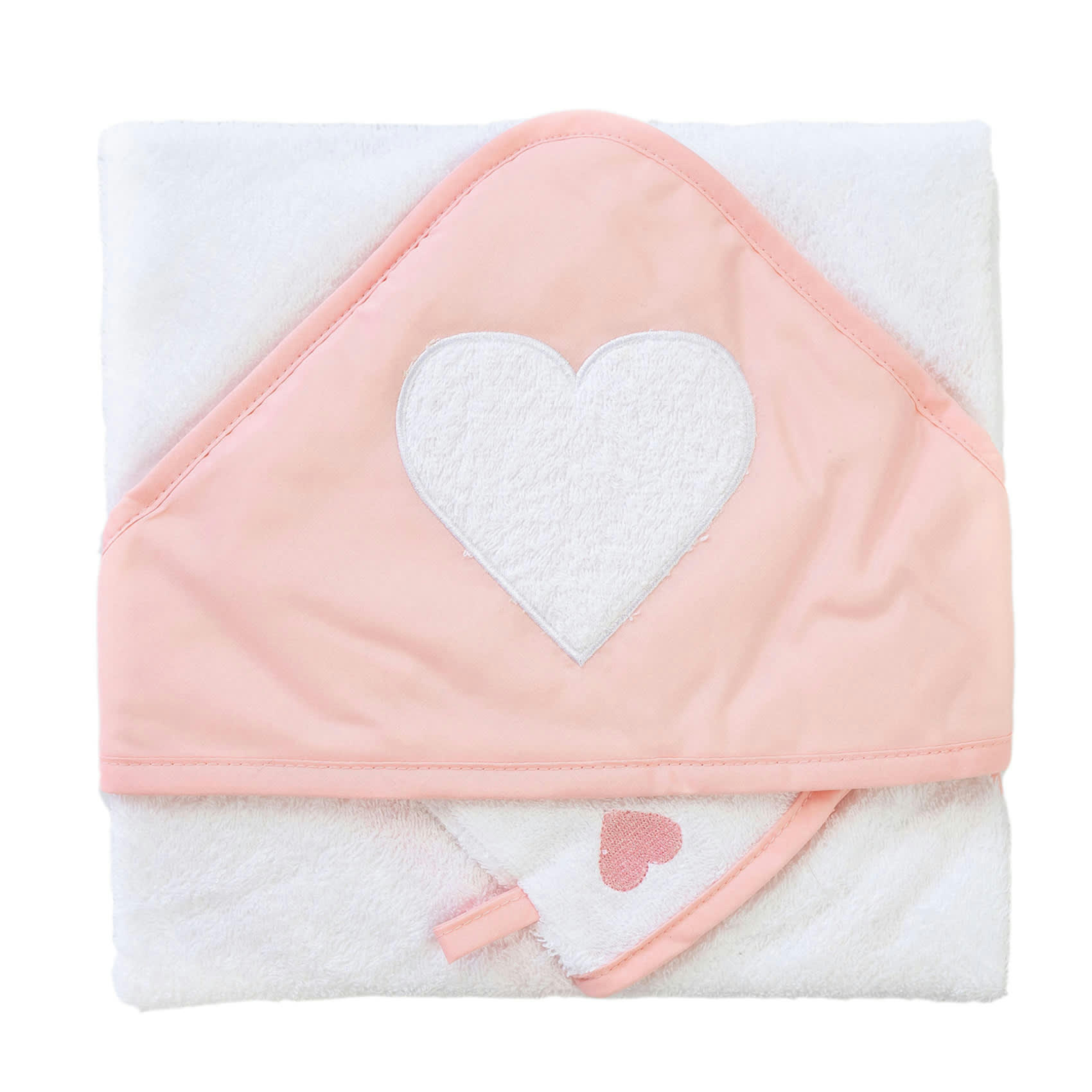 - Coffret bébé sortie de bain brodée + gant cœur Corail