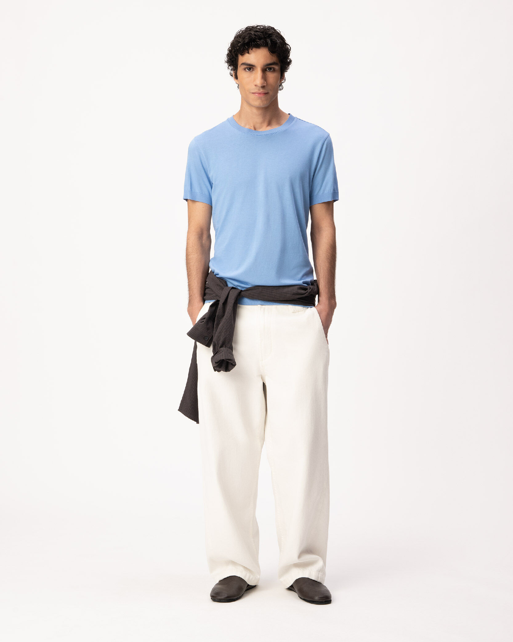T-shirt col rond bleu maille coton modal Homme