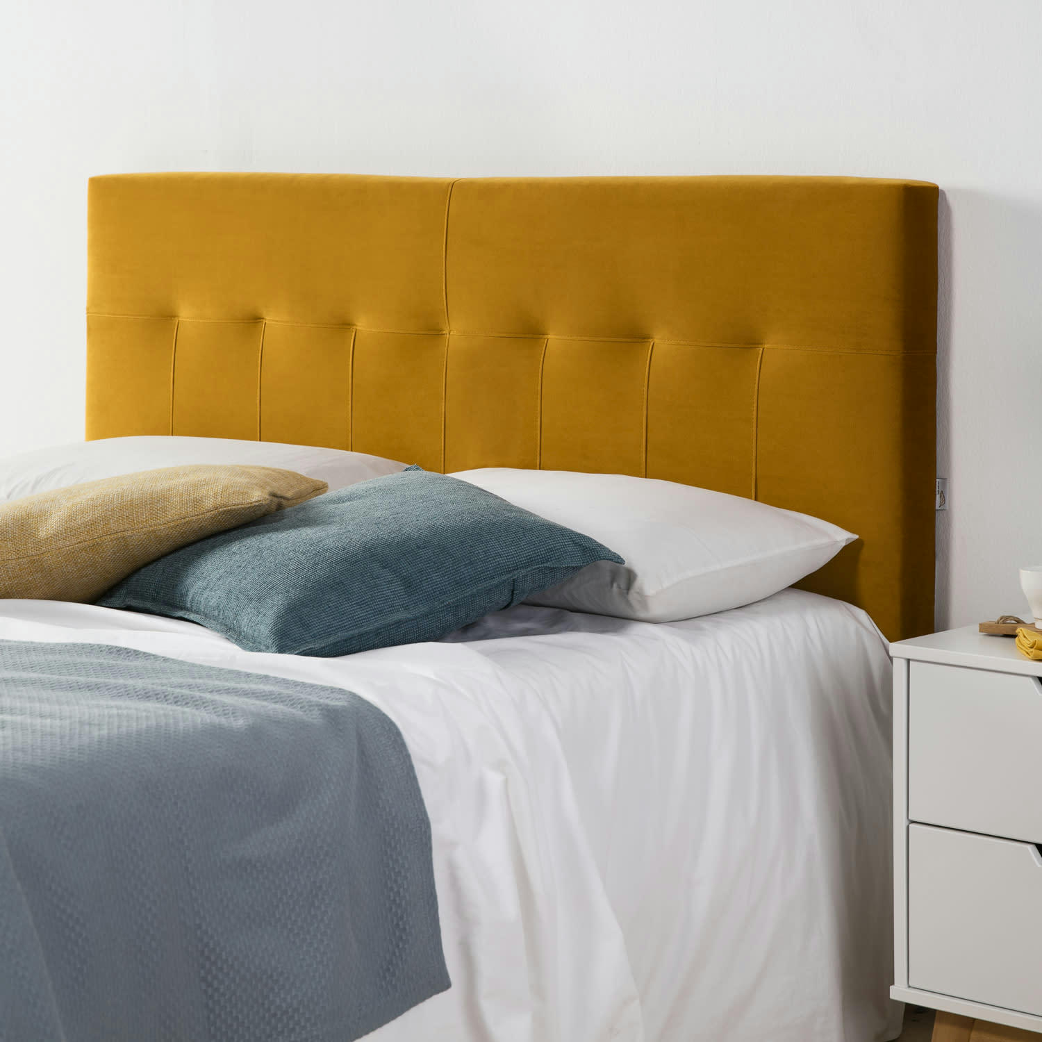 NAPOLES - Tête de lit tapissée 140x100 cm moutarde, velours, pieds en bois