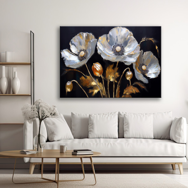 Feeby Obraz na płótnie, Maki Kwiaty Glamour Srebrny 60x40